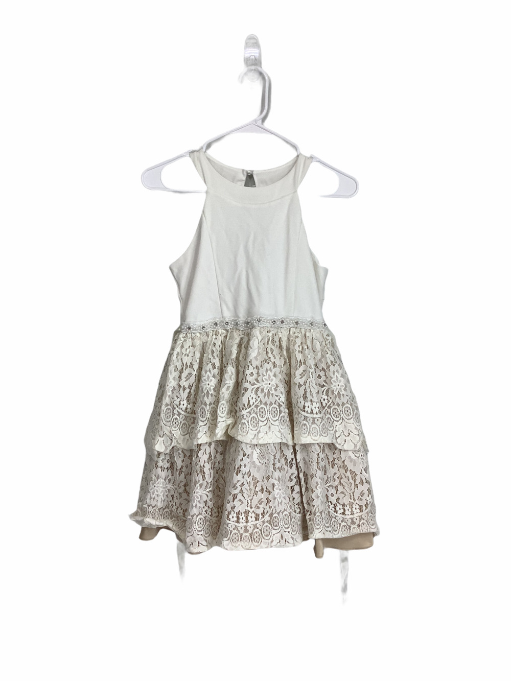 White Pearl Beaded Layered Tiered Lace Dress